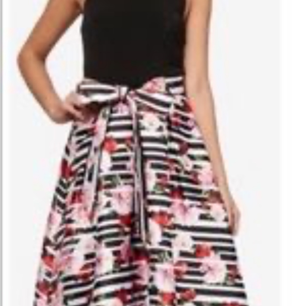 SLNY FIT AND FLARE MIDI SLEEVELESS JEWEL NECK DRESS BLACK PINK FLORAL STRIPES 16 - Picture 2 of 14